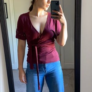 ASOS Maroon Wrap Top with Kimono Short Sleeves